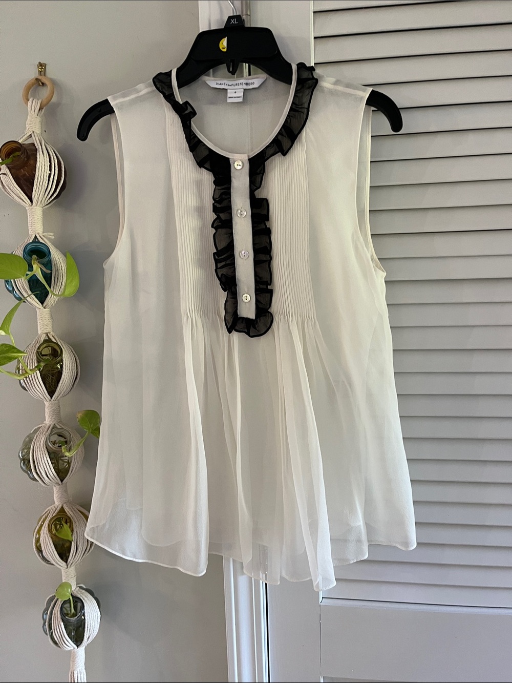 Diane Von Furstenberg White Silk Sleeveless Top with Black Ruffle Placket